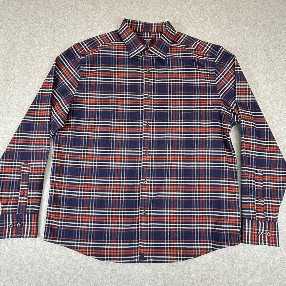 UNTUCKit Trezari Flannel Shirt Mens XL Navy Red Plaid Regular Fit Button Up EUC